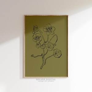 Vintage Botanical Flower Line Art Print Boho Plant Illustration Printable Wall Art Download – Green Background Floral Poster – Maison Bohème