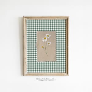 Green Gingham Flower Print Digital Downloadable Wall Art Trendy Decor Vintage Floral Painting Printable Nursery Art Daisies Flowers Spring