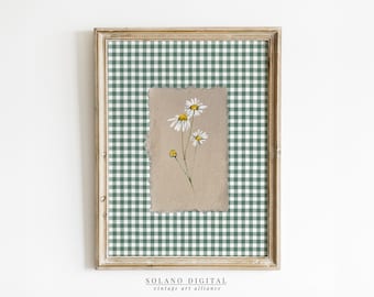 Green Gingham Daisy Print: Vintage Floral Wall Art (Digital Download)