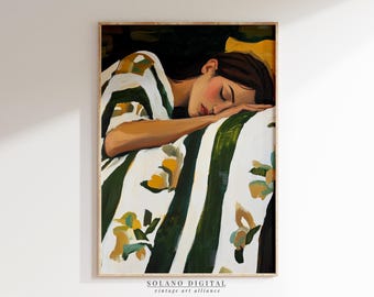 Sleeping Woman Art Print: Emerald Green Abstract, Minimalist Decor (Digital Download)