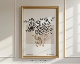 Boho Floral Vase Line Art Print: Neutral Botanical Decor (Digital Download)