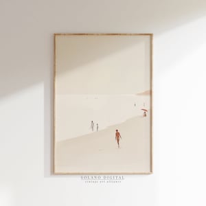 May include: A minimalist digital art print featuring a beach scene with people walking on the sand. The print has a warm, beige color palette and a simple, modern aesthetic. The text "SOLANO DIGITAL vintage art alliance" is at the bottom of the print.