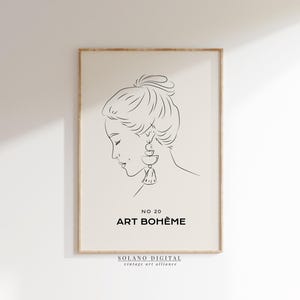 Boho Woman Line Art Print, Minimalist Portrait Printable Wall Art, Digital Download Female Face Illustration, Modern Boho Decor Poster