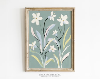 Modern Southern Floral Art Stylish Floral Decor Digital Download Feminine White Green Blue Decor Flower Arrangement Coastal Preppy Art