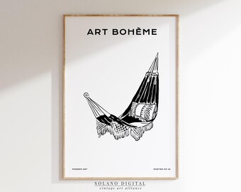 Boho Hammock Printable Wall Art, Minimalist Black and White Line Drawing, Relaxing Summer Poster, Digital Download Modern Home Decor