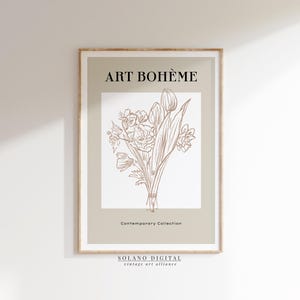 Neutral Botanical Line Art Print, Minimalist Floral Wall Art, Beige Flower Sketch Poster, Printable Artwork, Modern Boho Home Decor