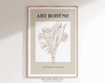 Neutral Botanical Line Art Print: Minimalist Beige Flower Sketch (Digital Download)