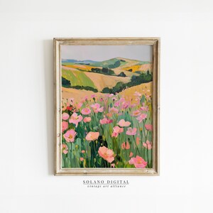Vibrant floral landscape wall art printable featuring blooming pink flowers against rolling green hills. Perfect for adding a touch of nature and color to any space. Available on Etsy for easy download and print.