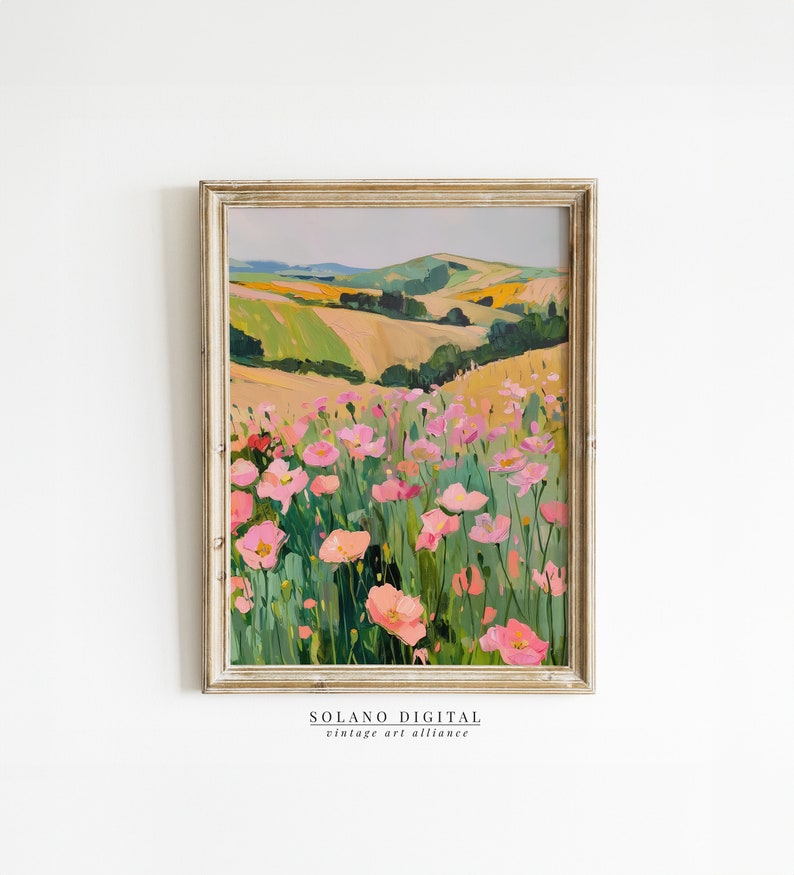 Vibrant floral landscape wall art printable featuring blooming pink flowers against rolling green hills. Perfect for adding a touch of nature and color to any space. Available on Etsy for easy download and print.