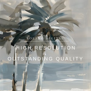 Printable wall art featuring abstract brushstrokes of palm trees with an ocean backdrop, available for digital download on Etsy. Ideal for adding a serene coastal vibe to any room, perfect for beach lovers and modern art enthusiasts.