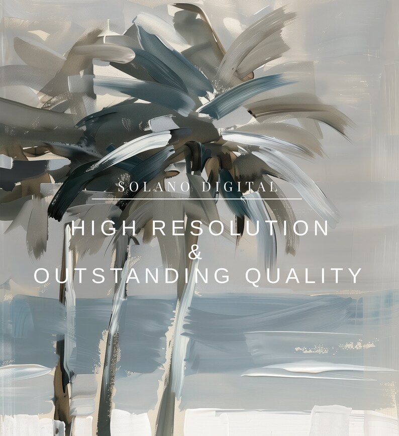 Printable wall art featuring abstract brushstrokes of palm trees with an ocean backdrop, available for digital download on Etsy. Ideal for adding a serene coastal vibe to any room, perfect for beach lovers and modern art enthusiasts.