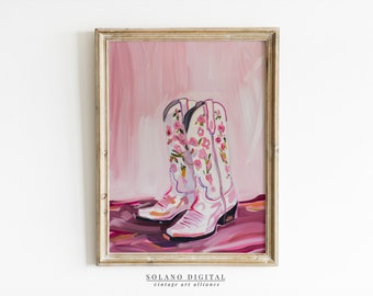 Pink Cowgirl Boots Art Print: Western Floral Painting (Digital Download)