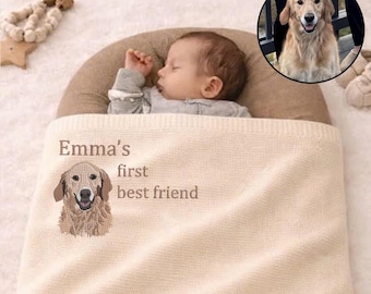 Manta de punto personalizada para bebé con retrato de mascota, manta bordada con perro, regalo para baby shower, el primer mejor amigo del bebé