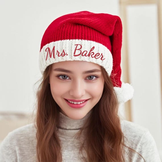 Bonnet de père Noël personnalisé brodé, bonnet de Noël tricoté à la main - France