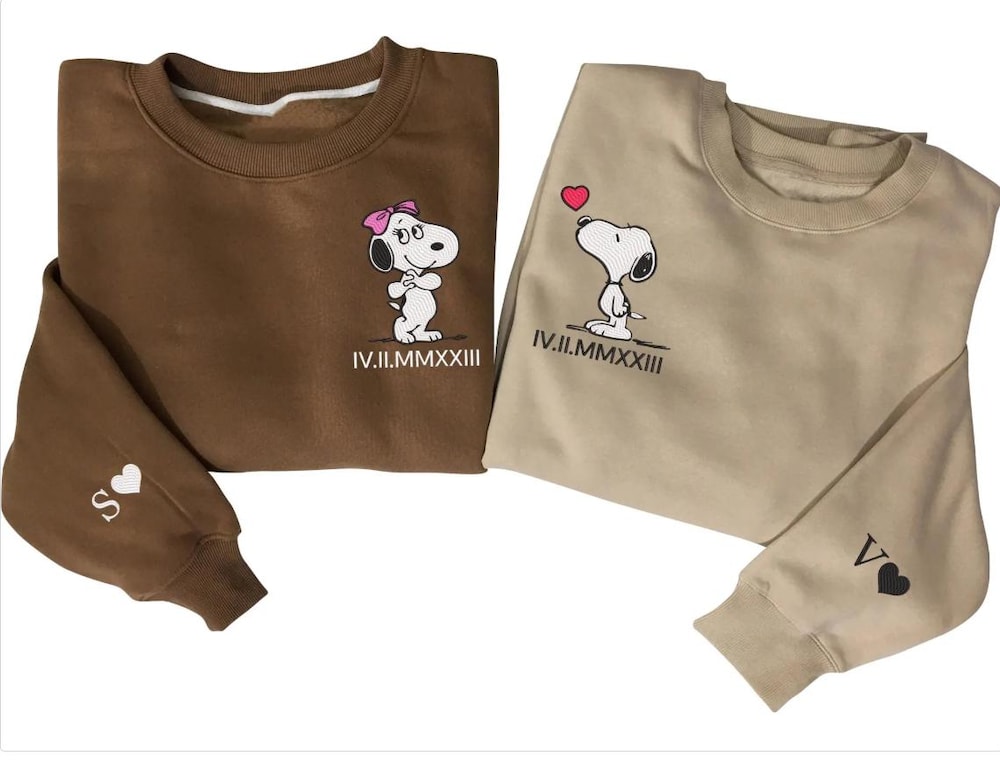Custom Embroidered Roman Numeral Couple Sweatshirts, Personalized Valentine, Anniversary, , Embroidered Snoopy Hoodies, Engagement Gift Gleamseeker