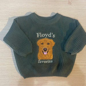 以下が含まれることがあります： 「Floyd's favorite」の刺繍とゴールデンレトリバーのデザインが施されたグリーンのニットセーター。クルーネックと長袖で、ペット好きに最適です。