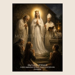Op de afbeelding: Een religieuze print getiteld Our Lady of Knock, A silent apparition of Mary, Joseph, and John the Evangelist. De afbeelding toont een centrale stralende figuur in witte gewaden met een kroon, omringd door biddende figuren, een bisschop en een lam.