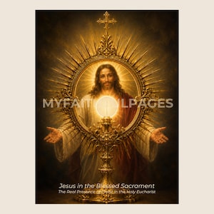 Op de afbeelding: Een religieuze print met Jezus met uitgestrekte armen achter een gouden monstrans met een witte hostie. De tekst luidt MYFAITHOILPAGES, Jesus in the Blessed Sacrament en The Real Presence of Christ in the Holy Eucharist.