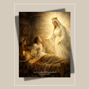 May include: A religious painting depicting a woman in a white gown and gold crown, radiating light, reaching out to a woman in a bed. Two other women are present, one holding a candle. The text "Our Lady of Filipsdorf" is at the bottom.