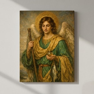 May include: A vintage-style painting of an angel with brown hair, a golden halo, and large feathered wings. The angel wears a green robe and a gold shawl, holding a staff, a small jar, and a fish. The artwork has a warm, classical aesthetic.