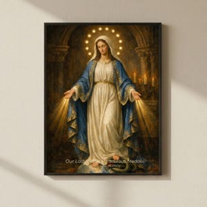 Puede incluir: Una impresión religiosa enmarcada que representa a una mujer con un vestido blanco y un chal azul, con un halo de estrellas. La imagen tiene una paleta de colores cálidos e incluye el texto "Our Lady of the Miraculous Medal, Lady of Grace."