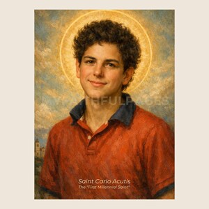 Reproduction d'art de Saint Carlo Acutis - Premier saint du millénaire - Décoration murale catholique (Téléchargement numérique)