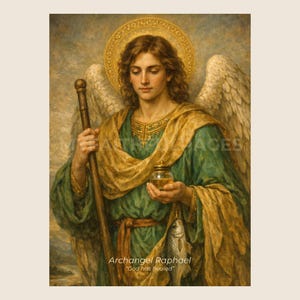 Puede incluir: Una pintura del Arcángel Rafael con cabello castaño largo, un halo dorado y grandes alas blancas. La figura viste una túnica verde con un chal dorado, sostiene un bastón de madera, un pequeño frasco de vidrio y un pez. Texto: Archangel Raphael God has healed.