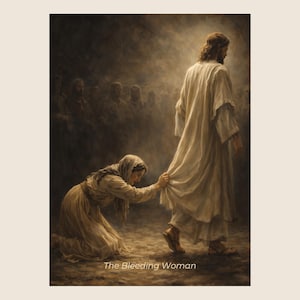 May include: An artistic depiction of a biblical scene. A woman kneels, reaching for the garment of a figure in white robes. The text "The Bleeding Woman" is at the bottom of the image. The background features a crowd of people.