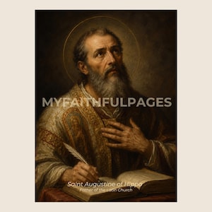 May include: A portrait of Saint Augustine of Hippo, Father of the Latin Church, depicted with a beard, wearing ornate vestments, and holding a quill pen over an open book. The text MYFAITHFULPAGES is overlaid across the center of the image.