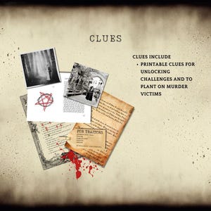 May include: A collection of clues for a murder mystery game. The clues include a photo of a shadowy figure, a pentagram, a newspaper clipping, and a sign that says "For Traitors".