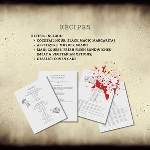 May include: A set of printable recipes for a Halloween party, including Black Magic Margaritas, a Murder Board appetizer, Fresh Flesh Sandwiches, and Coven Cake. The recipes are printed on white paper with black ink and have a vintage, spooky aesthetic.