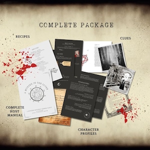 May include: A murder mystery dinner party game kit with a pentagram design on the cover of the host manual. The kit includes character profiles, clues, recipes, and a trace of your  spell.
