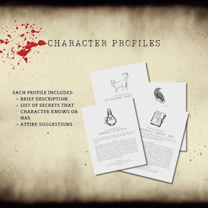 May include: Four printable character profiles for a role-playing game. Each profile includes a brief description, a list of secrets, character knowledge, and attire suggestions. The profiles are for the characters: Sylvester "Slay", Esmeray Eldritch, Henrietta "Hetty" Hex, and a character with a raven illustration.