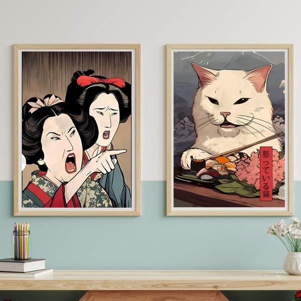 Vintage Japanese Wall art print of funny Cat Meme, Home decor gift for Cat lovers,funny wall art deco bathroom art modern trendy art poster