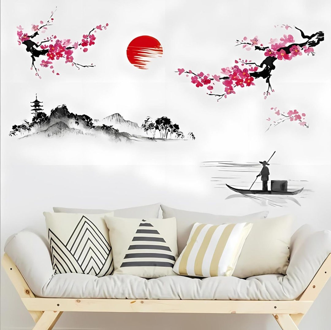 Vintage Japanese Wall Stickers Sakura Pink Cherry Blossom Decal