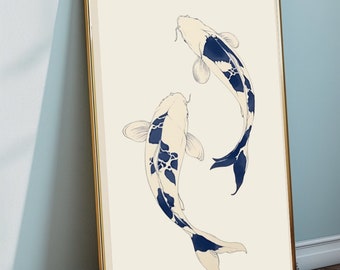 Blue Koi Fish Art Print, Vintage Japanese Home Decor