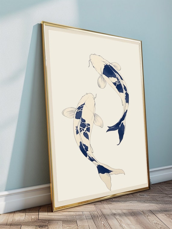 Blue Koi Fish Art Print, Vintage Japanese Home Decor