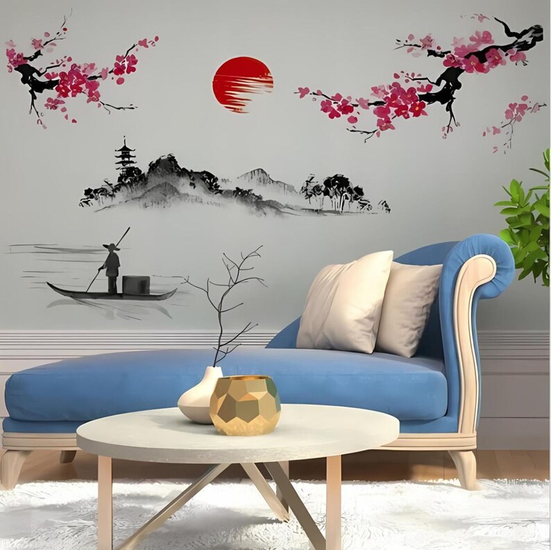 Vintage Japanese Wall Stickers Sakura Pink Cherry Blossom Decal