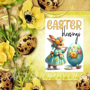 May include: A yellow and white Easter card with a bunny painting an egg. The card has the text "Easter blessings" on it.