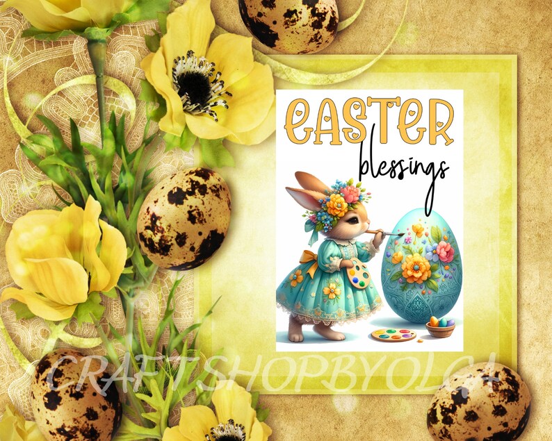 May include: A yellow and white Easter card with a bunny painting an egg. The card has the text "Easter blessings" on it.