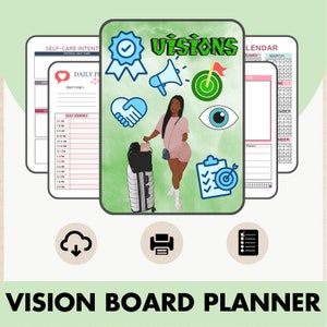 May include: A vision board planner with a green background and a woman holding a suitcase. The planner includes a calendar, daily schedule, and self-care intent pages. The planner also features several motivational icons, including a checkmark, a megaphone, a target, a handshake, and an eye.