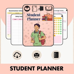 May include: A printable student planner with a cartoon illustration of a student carrying books and a backpack. The planner includes sections for daily subjects, examination schedules, and an average tracker. The text "Student Planner" is featured in the center of the image.