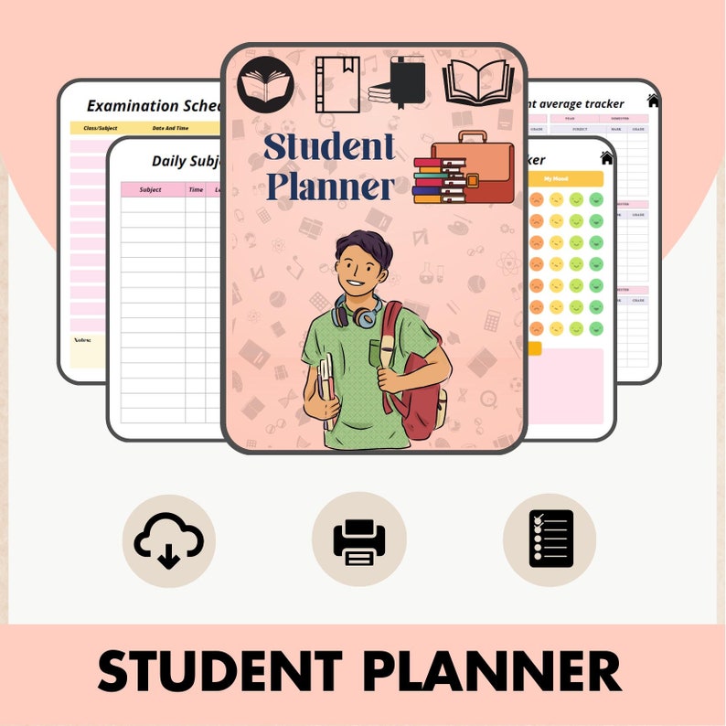 May include: A printable student planner with a cartoon illustration of a student carrying books and a backpack. The planner includes sections for daily subjects, examination schedules, and an average tracker. The text "Student Planner" is featured in the center of the image.