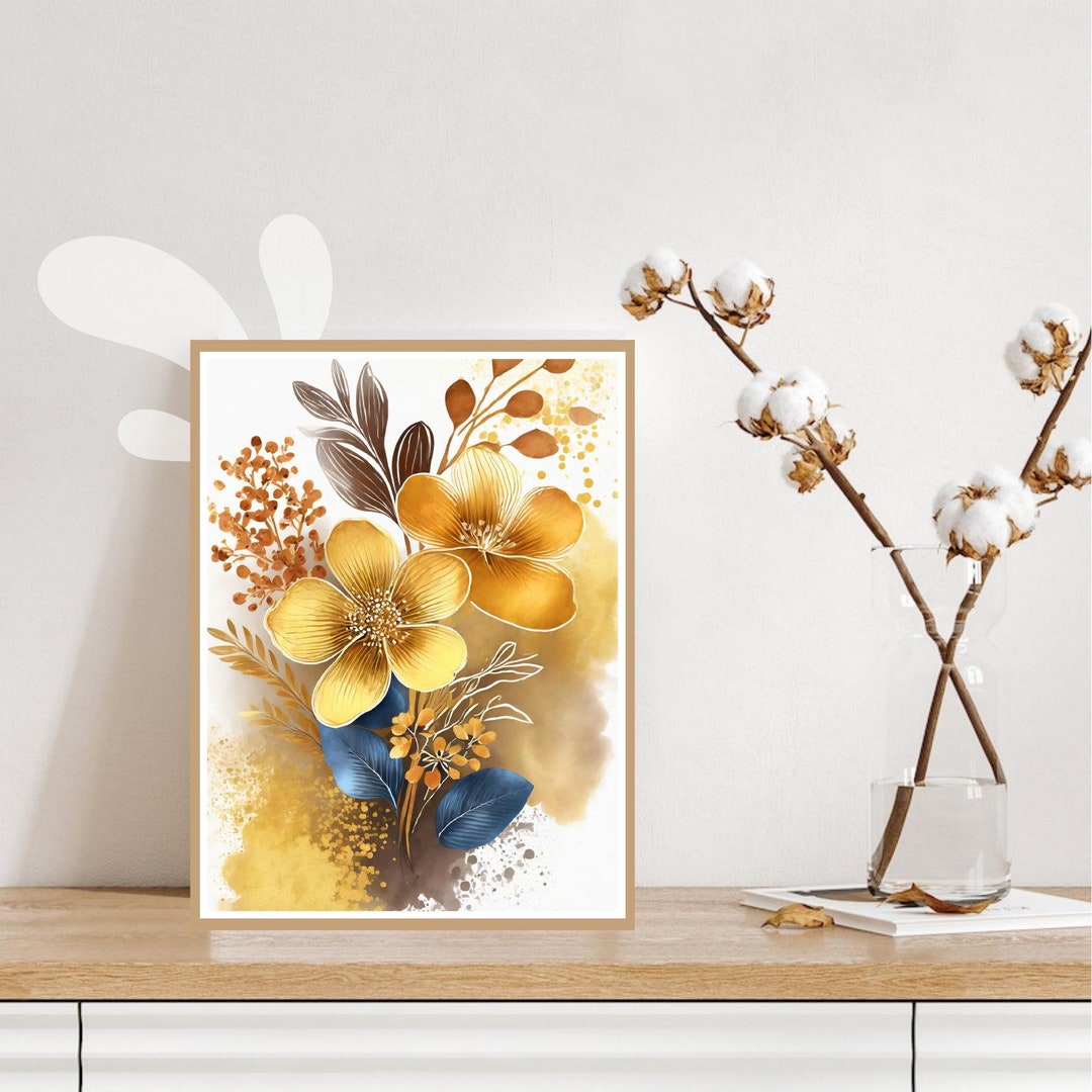 Yellow Flowers Printable Vintage Flower Illustration, Botanical Wall