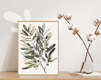 Aquarelprint olijftak: botanische muurkunst (digitale download)