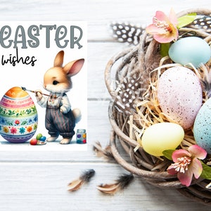 May include: A cute bunny rabbit painting an Easter egg with colorful flowers. The bunny is wearing overalls and holding a paintbrush. The egg is surrounded by other colorful Easter eggs in a basket.