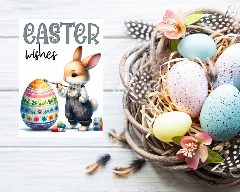 May include: A cute bunny rabbit painting an Easter egg with colorful flowers. The bunny is wearing overalls and holding a paintbrush. The egg is surrounded by other colorful Easter eggs in a basket.