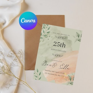 Personalised Pink Wedding Anniversary Invitations- 25th Anniversary Invite, Wedding Anniversary Invitation Printable, Editable Template