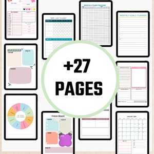 May include: A digital planner with 27 pages featuring various templates for self-care, goal setting, sleep tracking, and more. The pages are designed with a minimalist aesthetic and feature pastel colors.