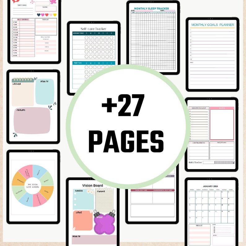 May include: A digital planner with 27 pages featuring various templates for self-care, goal setting, sleep tracking, and more. The pages are designed with a minimalist aesthetic and feature pastel colors.